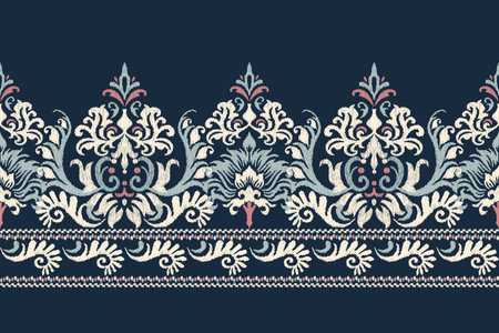 Ikat floral paisley embroidery on navy blue background.Ikat ethnic oriental pattern traditional.Aztec style abstract vector illustration.design for texture,fabric,clothing,wrappingのイラスト素材