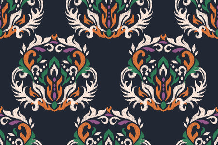 Ikat floral paisley embroidery on black background.Ikat ethnic oriental seamless pattern traditional.Aztec style abstract vector illustration.design for texture,fabric,clothing,のイラスト素材