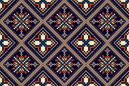 Floral Cross Stitch Embroidery on black background.geometric ethnic oriental seamless pattern...