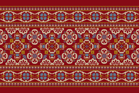 Floral Cross Stitch embroidery on red background.geometric ethnic oriental pattern traditional.Aztec style abstract vector illustration.design for texture,fabric,clothing,wrappinのイラスト素材