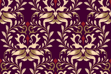 Baroque Ikat floral seamless pattern on purple background.Ikat ethnic oriental embroidery vector illustration.Aztec style,hand drawn,lacing.design for texture,fabric,clothing,decorのイラスト素材