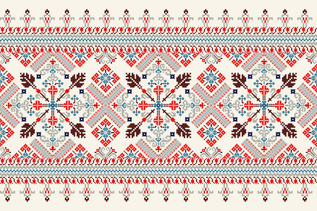 Ukrainian pattern vector illustration.geometric ethnic oriental embroidery on white background,Aztec style,traditional,pixel art.design for texture,fabric,clothing,wrapping,decorのイラスト素材