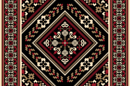 Geometric ethnic oriental pattern traditional on black background.floral pixel art embroidery vector illustration.Aztec style,abstract background.design for texture,fabric,cloth,のイラスト素材