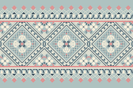 Geometric ethnic oriental pattern vector illustration.floral pixel art embroidery on navy blue background,Aztec style,abstract background.design for texture,fabric,clothing,scarfのイラスト素材