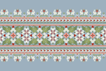 Geometric ethnic oriental pattern vector illustration.floral pixel art embroidery on blue...