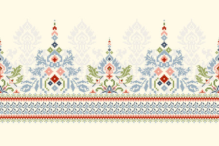 Geometric ethnic oriental pattern vector illustration.floral pixel art embroidery on white background.Aztec style,abstract,Slavic ornament.design for texture,fabric,clothing,wrapのイラスト素材