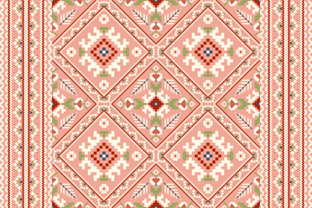 Geometric ethnic oriental pattern vector illustration.floral pixel art embroidery on pink...