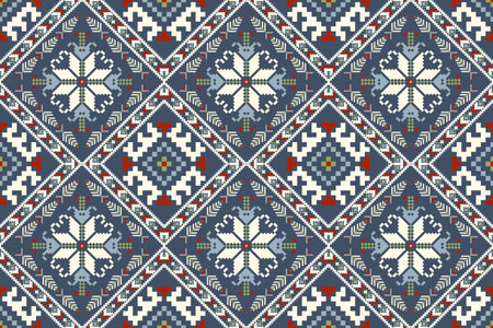 Geometric ethnic oriental seamless pattern vector illustration.floral pixel art embroidery on blue background,Aztec style,abstract background.design for texture,fabric,clothing,rugのイラスト素材