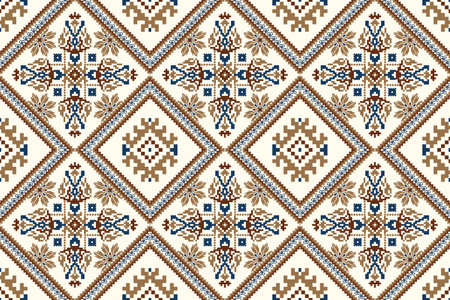 Geometric ethnic oriental pattern vector illustration.floral pixel art embroidery on white background,Aztec style,abstract background.design for texture,fabric,clothing,wrapping,のイラスト素材