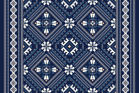 Geometric flowers pattern on navy blue background vector illustration.floral cross stitch pattern...