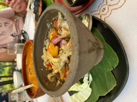 Thai Spicy Vegetable Soup in clay pot, Thailand.の写真素材