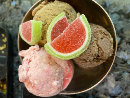 ice cream with watermelon jelly and ice-cream in a bowlの写真素材