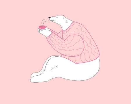 Cute white polar bear with cup of hot tea on pink background. Bear in a sweater. holiday Greeting card, poster design and printing on fabric. vector illustrationのイラスト素材