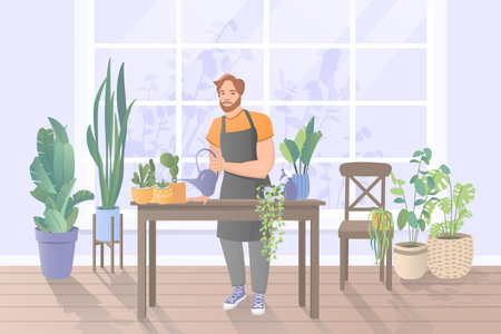 A man with a watering can take care of houseplants. Care of potted plants in home garden. Cartoon Flat Vector Illustration. Gardening hobby and cozy domestic life concept.のイラスト素材