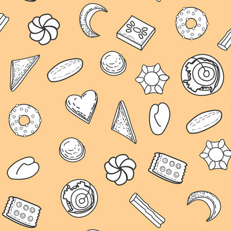 Vector illustration cute seamless pattern, background with cookies. food pattern. Pastry background white and black texture. vector illustration.のイラスト素材