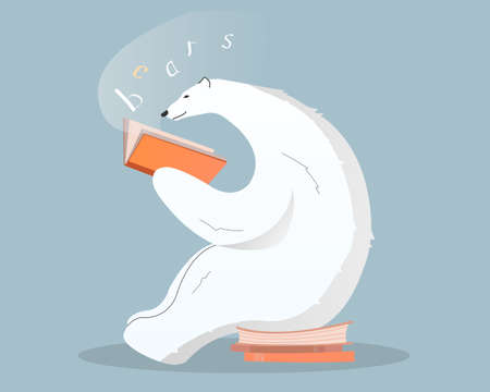 Cute polar bear reading book. Vector illustration.Drawings for a card, poster, printing on fabric or postcardのイラスト素材
