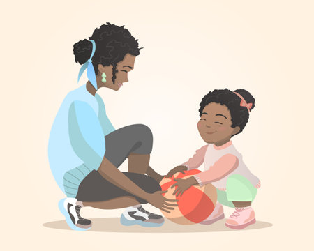 Mom plays ball with her daughter. Black skin people. cartoon vector illustration.のイラスト素材