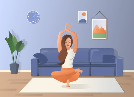 Sport, yoga, fitness concept. Young woman athlete in sportswear. Cartoon character does workout doing stretching and relaxing in living room at home. Active lifestyle and body healthcareの写真素材