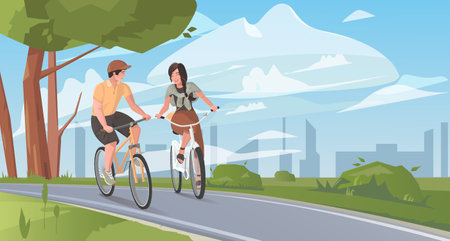 Couple riding bikes and smiling in the city park in summer. Boy and girl performing sports outdoor activity. Active and healthy lifestyle, love, romance concept. vector illustrationのイラスト素材