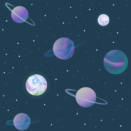 Vector flat seamless pattern background with space. Cute color template with planets. Drawings for a card, poster, printing on fabric.の写真素材
