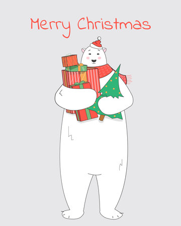 Christmas Card, Seasons greetings. Polar bear holds gifts in its paws. Winter sale, shopping.のイラスト素材