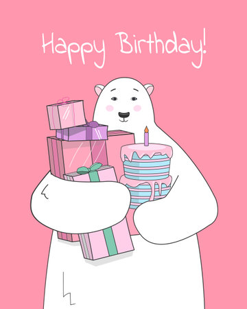 Cute polar bear holds a birthday cake with gifts. Greeting card Happy Birthday in winter. isolated vector illustrationsのイラスト素材