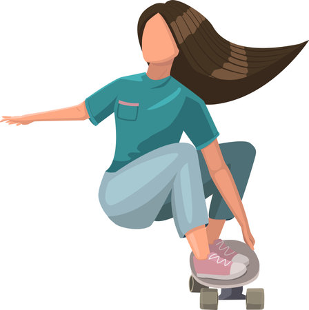 Girl ride on skateboard. Summer leisure activity. Vector illustration on white backgroundのイラスト素材