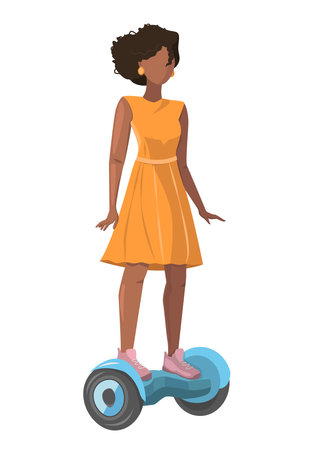 Girl ride a hoverboard. Girl on a gyro scooter. Individual electric transport. Eco transport. Summer leisure activity. Vector illustration on white backgroundのイラスト素材