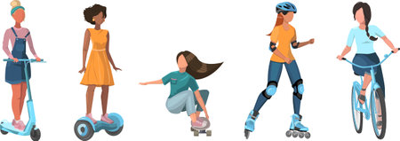 active people. Healthy lifestyle, outdoor activities. Bike riding, skateboarding, rollerblading vector illustration set. Scooter electric, bicycle skateboard and hoverboard.のイラスト素材