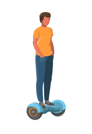 Man On Hoverboard Vector. Riding On Gyro Scooter. outdoor activities. Two-Wheel Electric Self Balancing Scooterのイラスト素材