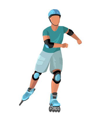 Guy on a roller skating outdoors vector flat illustration. Young man practicing physical activity isolated on white. recreational sportsのイラスト素材