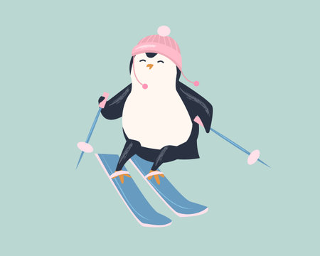 Cute and fanny penguin on skis. winter entertainment. Isolatedのイラスト素材