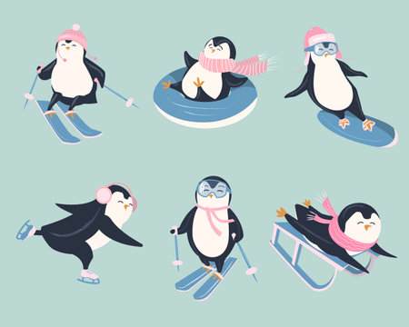 vector set of cute funny different penguins who are engaged in winter leisure. Colorful child vector illustration in flat style. All elements are isolated.のイラスト素材