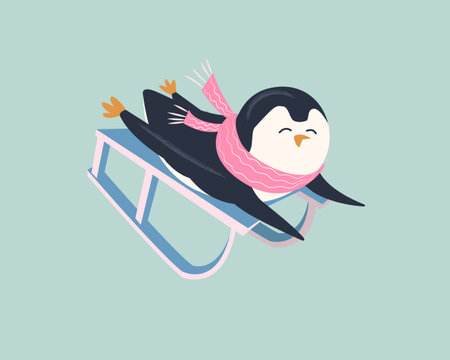 Funny penguin in scarf sledding.のイラスト素材