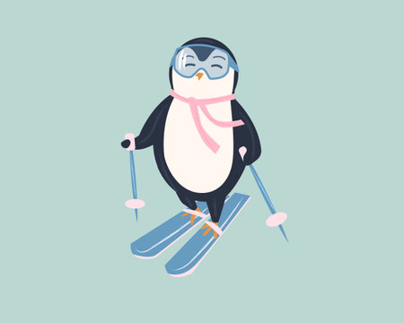 Penguin in protective glasses on skis. Sport and leisure in winter. Funny illustration isolated.のイラスト素材