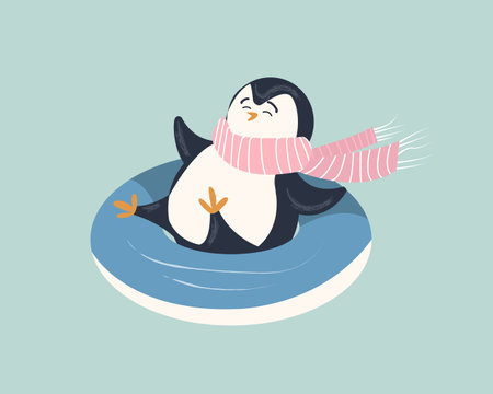 Cute penguin in a scarf on snow tube. Funny character in winter. isolated.のイラスト素材