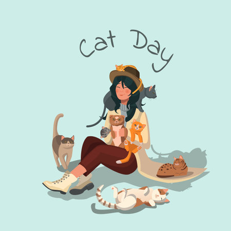 Pretty young girl and her cats isolated on blue background. Portrait of adorable pet owner and cute domestic animals. Colorful vector illustration in flat cartoon style.のイラスト素材