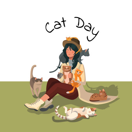 Girl with cats. International Cat Day. holiday concept. Web banner, card, poster, t-shirt with text inscriptionのイラスト素材