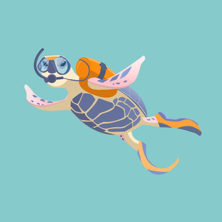 Turtle scuba diver on the isolated on blue background. Underwater scenery with sea turtle. Vector illustration in flat cartoon style.のイラスト素材