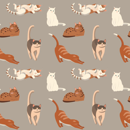 Cartoon cat characters seamless pattern. Different cat`s poses and emotions set. flat color simple style designのイラスト素材