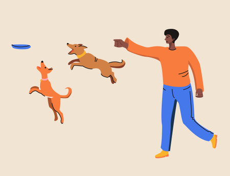 Black man playing with a dogs. Color flat vector illustration.のイラスト素材