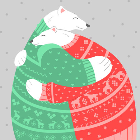Polar bears cuddle in Christmas sweaters. Ideal for print, poster. vector illustration.のイラスト素材