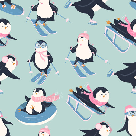 Seamless pattern with funny penguins who are engaged in winter entertainmentのイラスト素材
