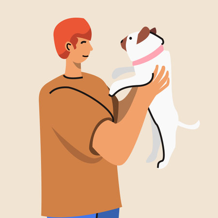 Illustration of man loving his pug. Dog owner holding puppy and smiling happy. Vector illustration in flat cartoon style.のイラスト素材