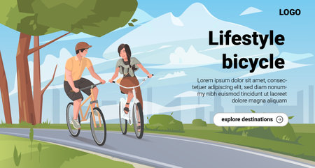 Concept of landing pages on healthy lifestyle. A family riding a bike in the city parkのイラスト素材