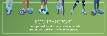 Vector web banner with dwellers riding electric transport. Legs on gyroboards, bicycles, scooters, skateboards. Green eco transport banner template, picture and textのイラスト素材