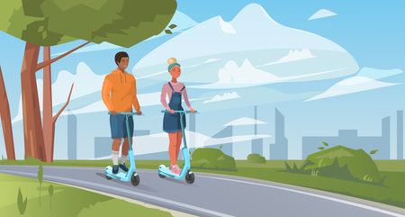 outdoor recreational activities. Couple with electric walk scooters on the cityscape. Vector illustration in flat style. Eco-friendly transport in a modern city.のイラスト素材
