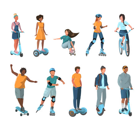 Set with people riding personal transport. Scooter, bike, motorcycle, roller skates, monocycle. isolated on white background. vector illustration. Personal eco-friendly alternative transportation vehiclesのイラスト素材