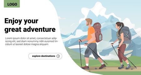 Family adventure outdoor hiking. Couple of young tourists with backpacks. Vector template with place for text. website landing page.のイラスト素材