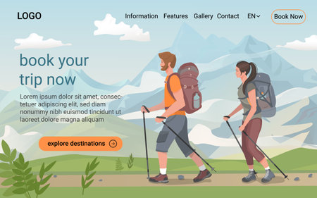 Weekend adventure and hiking concept. website landing page. Couple of young tourists with backpacks. Male And female characters are going to hike on mountains. Web page Cartoon Flat Vector Illustration. Trekking, hiking, outdoor activities.のイラスト素材